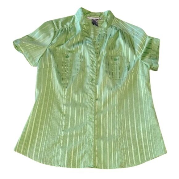Fred David Womens Petite Green Striped Button-Down Short-Sleeve Blouse Size MP - Picture 1 of 6